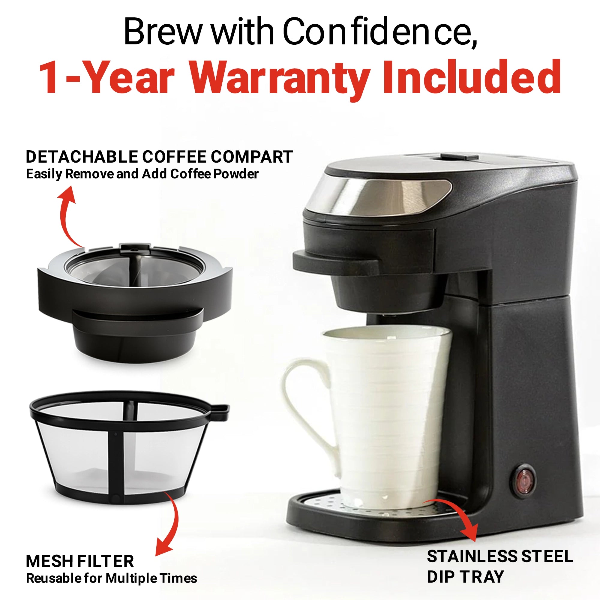 Roomwell UK Single Cup Coffee Machine, 12 oz, 700 W, 1 Year Replacement Warranty