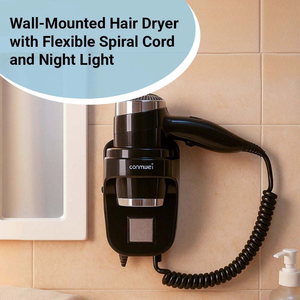 Roomwell UK Hair Dryer, 1600 Watt, Wall Mount, Black, 2 + 1-Year Extended Warranty