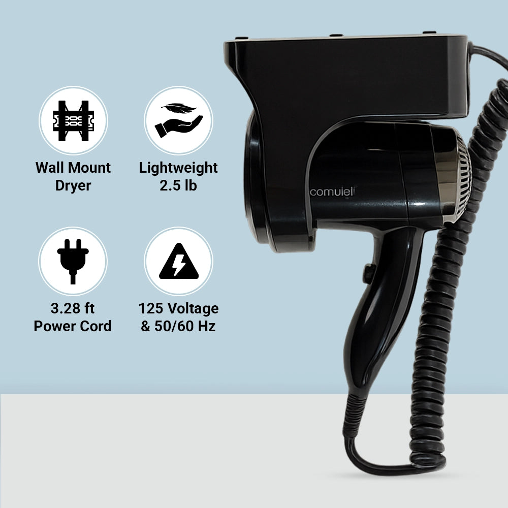 Roomwell UK Hair Dryer, 1600 Watt, Wall Mount, Black, 2 + 1-Year Extended Warranty