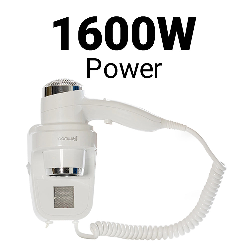 Roomwell UK Hair Dryer, 1600 Watt, Wall Mount, White, 2 + 1-Year Extended Warranty