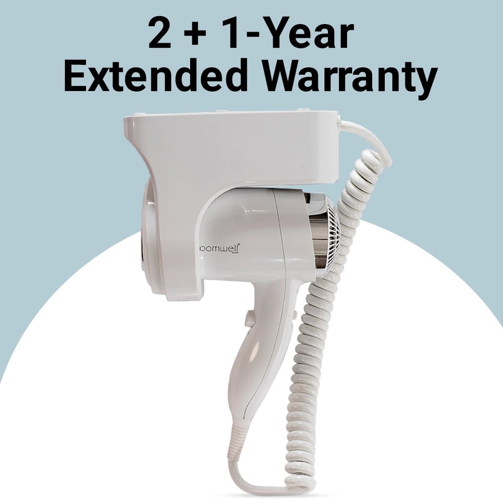 Roomwell UK Hair Dryer, 1600 Watt, Wall Mount, White, 2 + 1-Year Extended Warranty