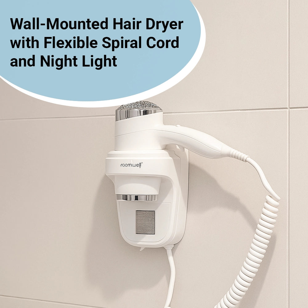 Roomwell UK Hair Dryer, 1600 Watt, Wall Mount, White, 2 + 1-Year Extended Warranty