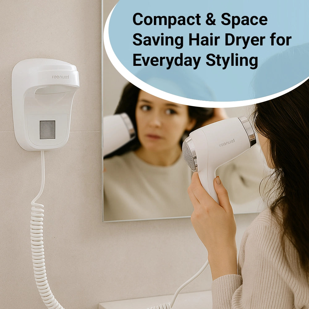 Roomwell UK Hair Dryer, 1600 Watt, Wall Mount, White, 2 + 1-Year Extended Warranty