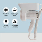 Roomwell UK Hair Dryer, 1600 Watt, Wall Mount, White, 2 + 1-Year Extended Warranty