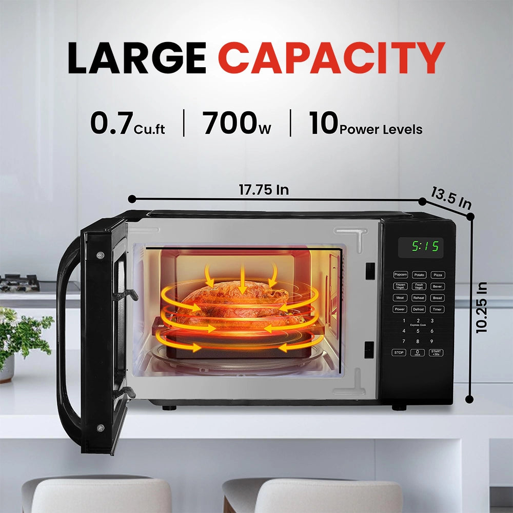 Roomwell UK Hotel Microwave, 0.7 Cuft, Black, 10 Power Levels, 6 Auto-Cooking Menus, 2 Year Replacement Warranty