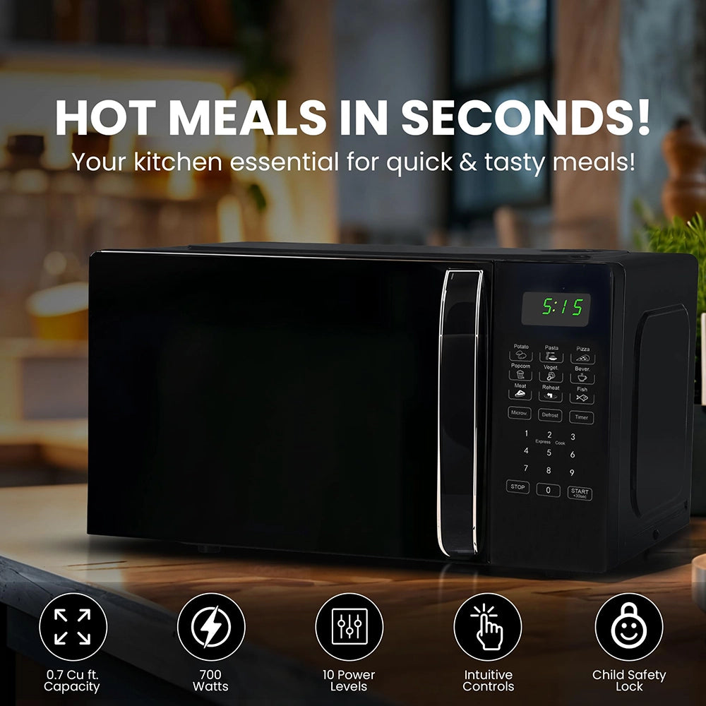 Roomwell UK Hotel Microwave, 0.7 Cuft, Black, 10 Power Levels, 6 Auto-Cooking Menus, 2 Year Replacement Warranty