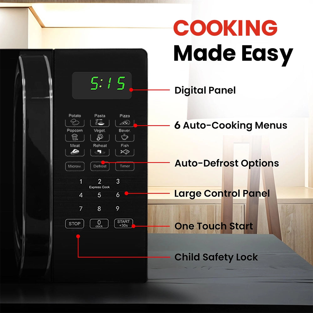 Roomwell UK Hotel Microwave, 0.7 Cuft, Black, 10 Power Levels, 6 Auto-Cooking Menus, 2 Year Replacement Warranty